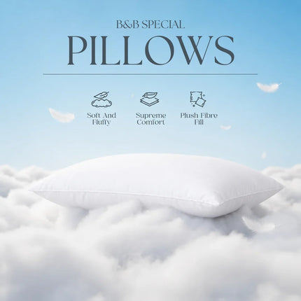 White pillow on a cloud with 'B&B Special Pillows' text and features listed.
