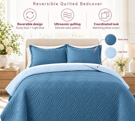 Reversible Bedcover Set - Blue / Sky Blue