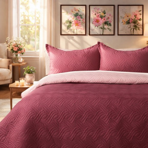 Waves - California Luxe Reversible AC Bedcover - Pink / Light Pink