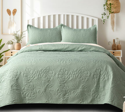 Floral - Luxe AC Bedcover With 2 Pillow Cases - Mint Green
