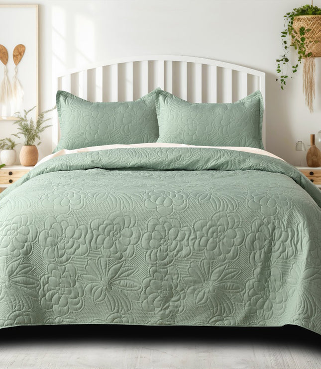 Floral - Luxe AC Bedcover With 2 Pillow Cases - Mint Green