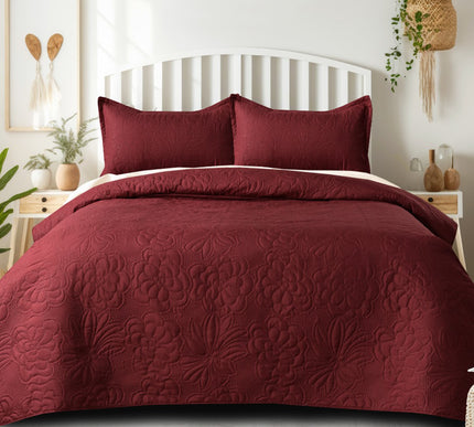 Floral - Luxe AC Bedcover With 2 Pillow Cases - Maroon