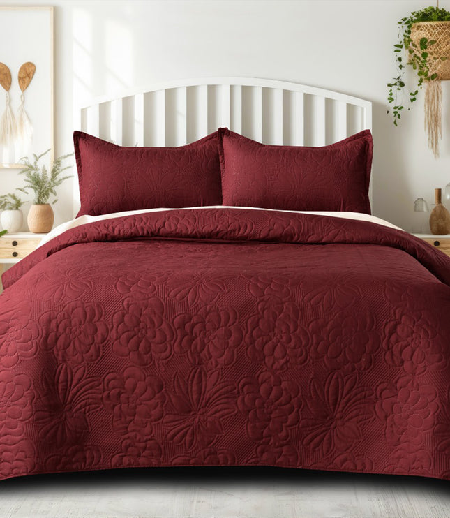 Floral - Luxe AC Bedcover With 2 Pillow Cases - Maroon
