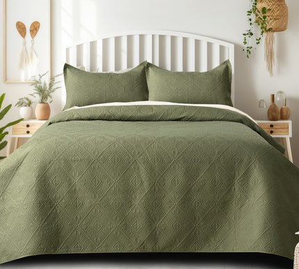 Square Pattern - California Luxe Reversible AC Bedcover - Olive / Mint Grey