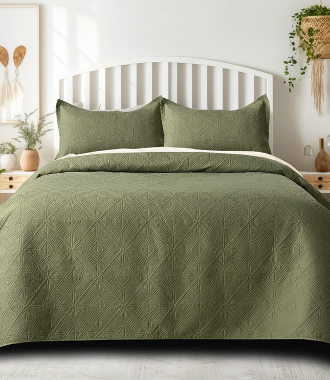 Square Pattern - California Luxe Reversible AC Bedcover - Olive / Mint Grey
