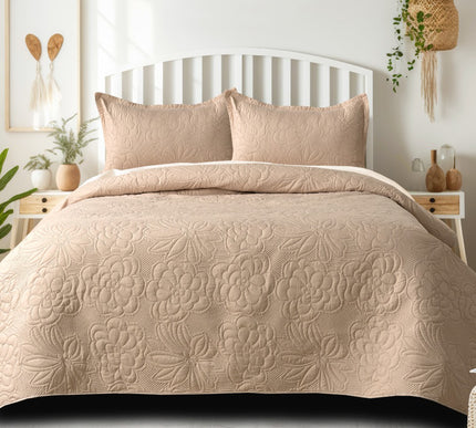 Floral - Luxe AC Bedcover With 2 Pillow Cases - Beige
