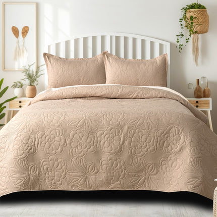 Floral - Luxe AC Bedcover With 2 Pillow Cases - Beige