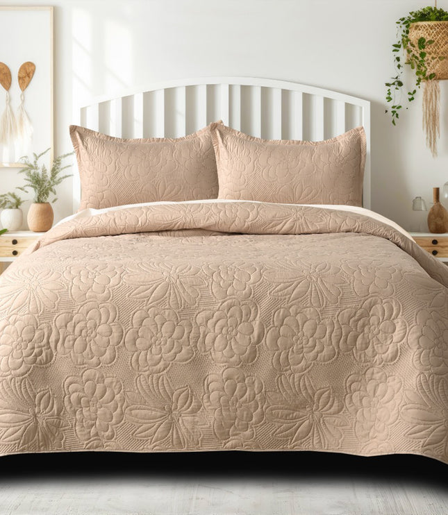 Floral - Luxe AC Bedcover With 2 Pillow Cases - Beige