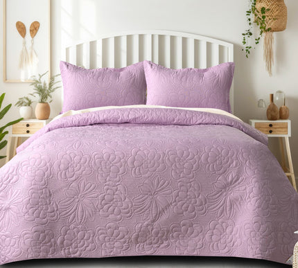 Floral - Luxe AC Bedcover With 2 Pillow Cases - Lilac