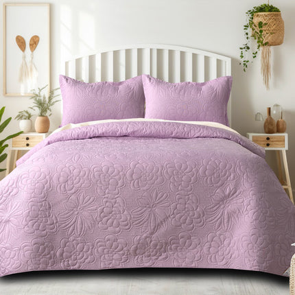 Floral - Luxe AC Bedcover With 2 Pillow Cases - Lilac