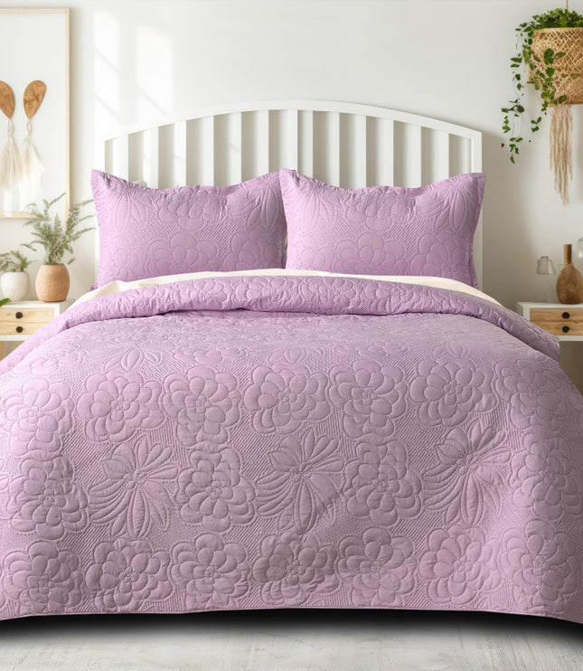 Floral - Luxe AC Bedcover With 2 Pillow Cases - Lilac