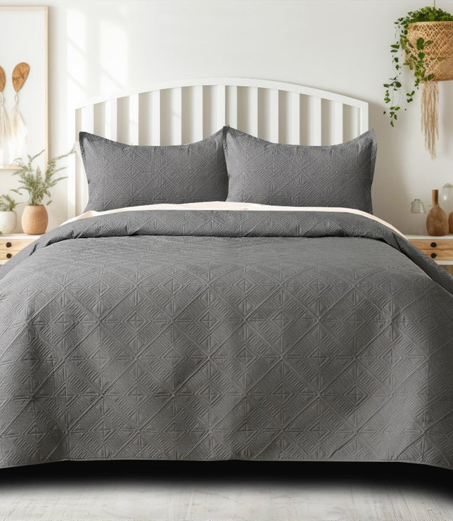 Square Pattern - California Luxe Reversible AC Bedcover - Grey / Light Grey