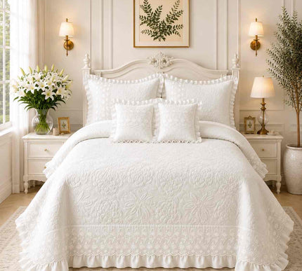 Imperial Lace & Frill Bedcover Set - Ivory