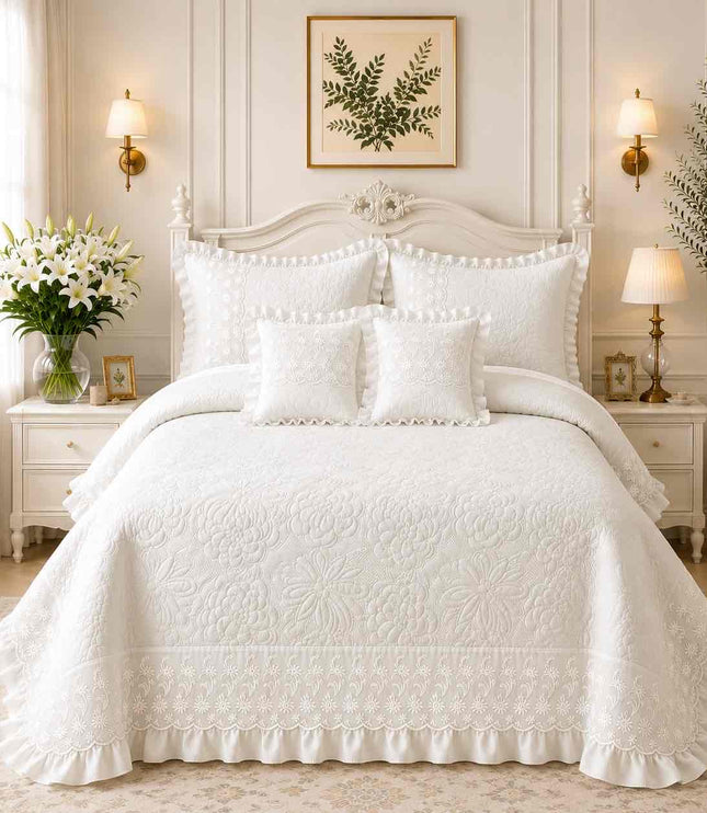 Imperial Lace & Frill Bedcover Set - Ivory