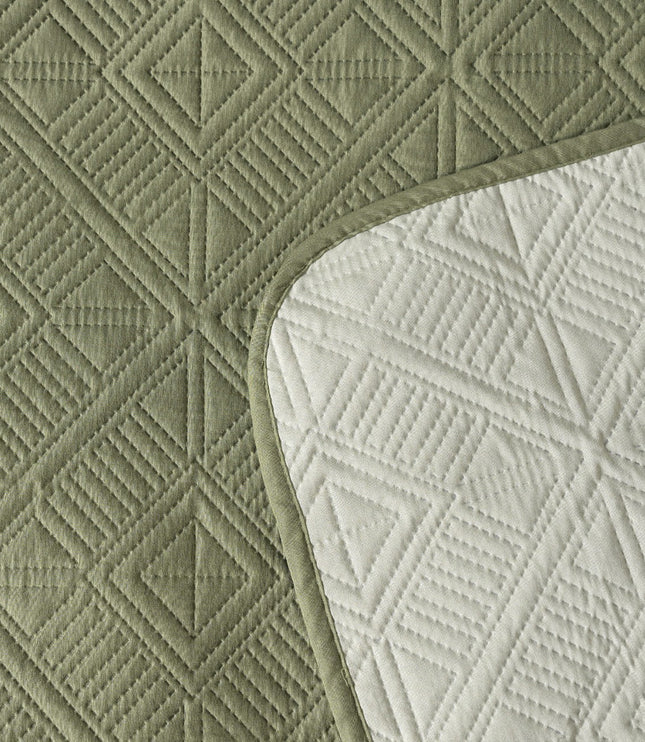 Square Pattern - California Luxe Reversible AC Bedcover - Olive / Mint Grey