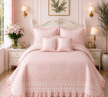 Imperial Lace & Frill Bedcover Set - Baby Pink