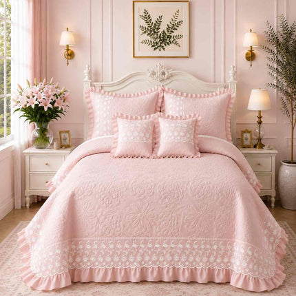 Imperial Lace & Frill Bedcover Set - Baby Pink