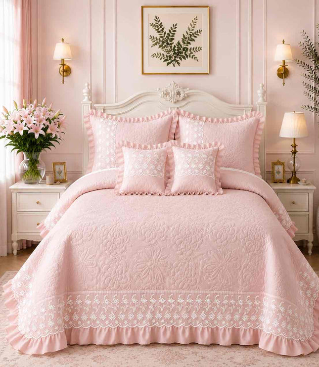 Imperial Lace & Frill Bedcover Set - Baby Pink