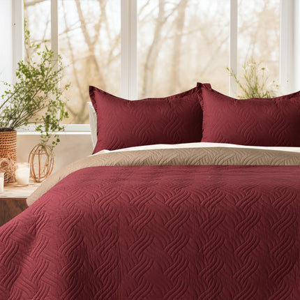 Waves - California Luxe Reversible AC Bedcover - Maroon / Beige