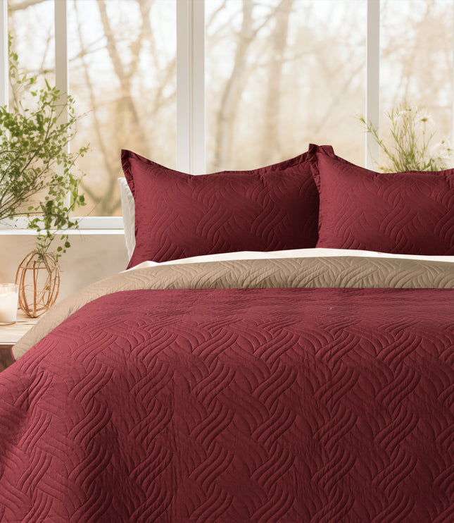 Waves - California Luxe Reversible AC Bedcover - Maroon / Beige