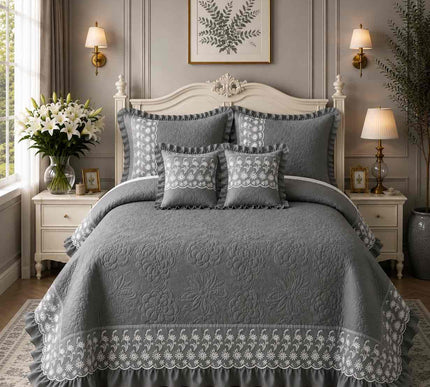 Imperial Lace & Frill Bedcover Set - Grey