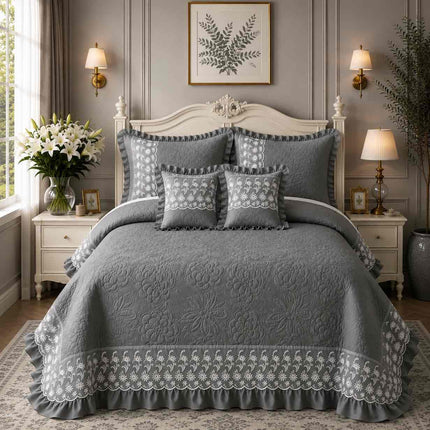 Imperial Lace & Frill Bedcover Set - Grey