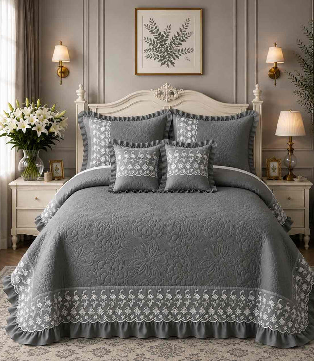 Imperial Lace & Frill Bedcover Set - Grey