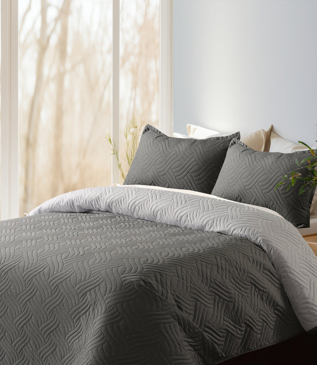 Waves - California Luxe Reversible AC Bedcover - Grey / Light Grey