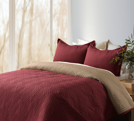 Waves - California Luxe Reversible AC Bedcover - Maroon / Beige