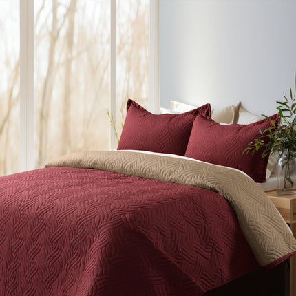 Waves - California Luxe Reversible AC Bedcover - Maroon / Beige