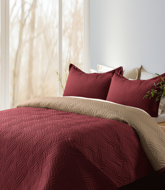 Waves - California Luxe Reversible AC Bedcover - Maroon / Beige