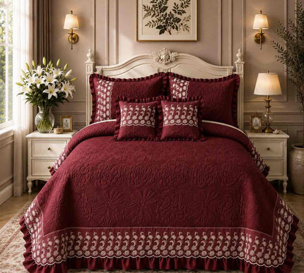 Imperial Lace & Frill Bedcover Set - Maroon