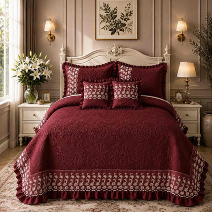Imperial Lace & Frill Bedcover Set - Maroon