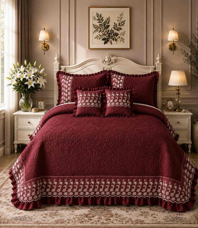 Imperial Lace & Frill Bedcover Set - Maroon