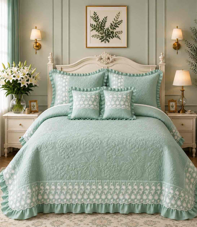 Imperial Lace & Frill Bedcover Set - Mint Green