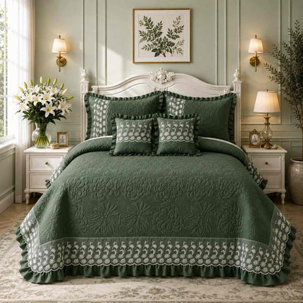 Imperial Lace & Frill Bedcover Set - Forest Green
