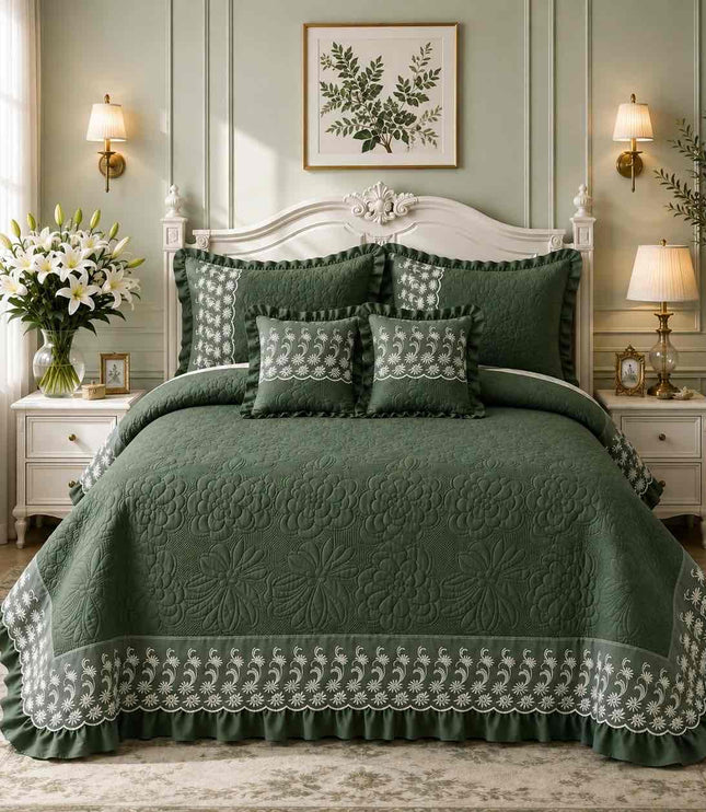 Imperial Lace & Frill Bedcover Set - Forest Green