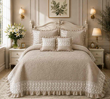 Imperial Lace & Frill Bedcover Set - Light Beige