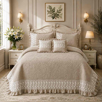 Imperial Lace & Frill Bedcover Set - Light Beige