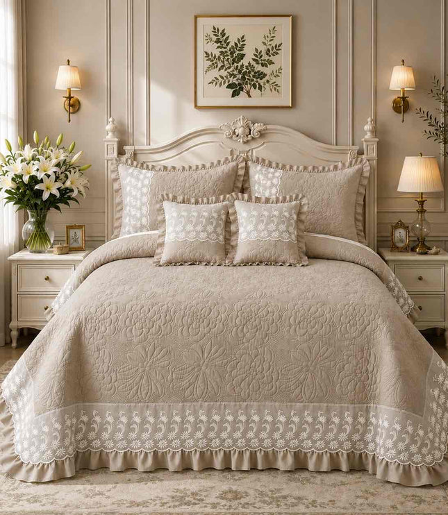Imperial Lace & Frill Bedcover Set - Light Beige