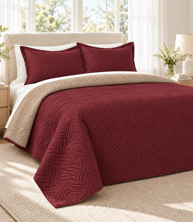 Reversible Bedcover Set - Maroon / Beige