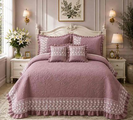 Imperial Lace & Frill Bedcover Set - Mauve Pink