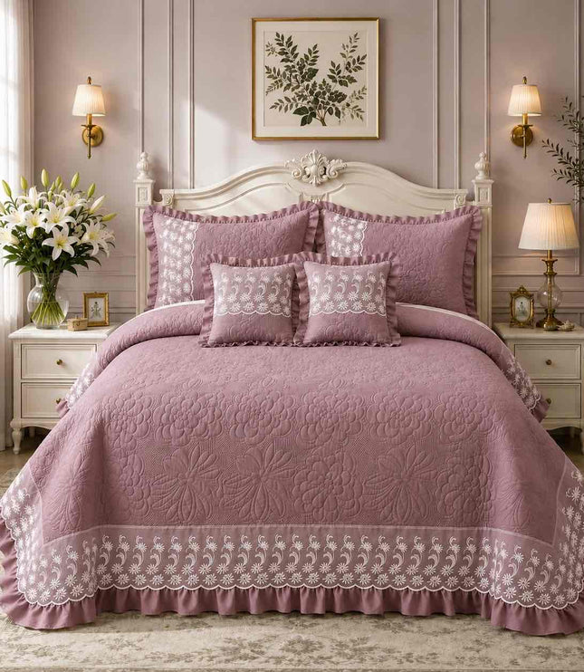 Imperial Lace & Frill Bedcover Set - Mauve Pink