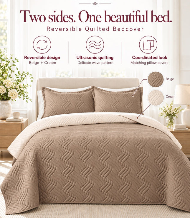 Reversible Bedcover Set - Beige / Light Beige