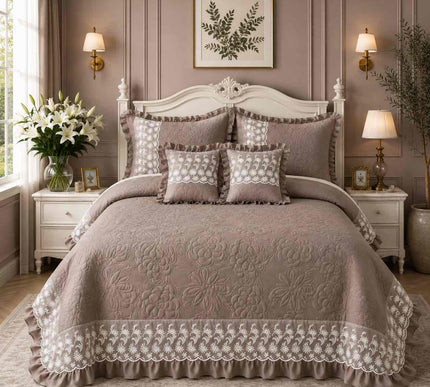 Imperial Lace & Frill Bedcover Set - Taupe