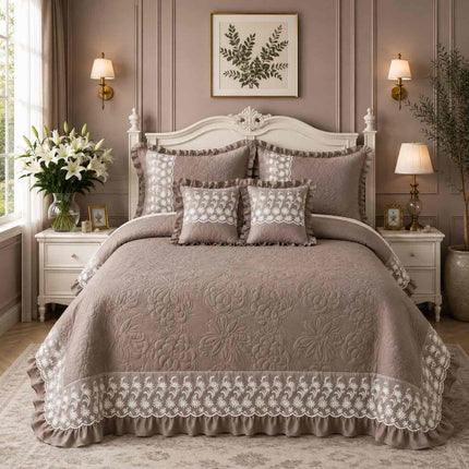 Imperial Lace & Frill Bedcover Set - Taupe