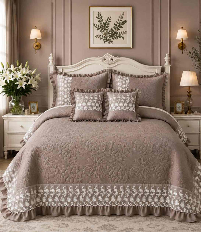 Imperial Lace & Frill Bedcover Set - Taupe