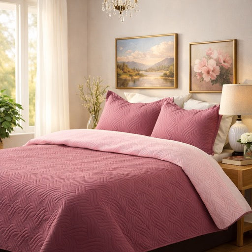 Waves - California Luxe Reversible AC Bedcover - Pink / Light Pink