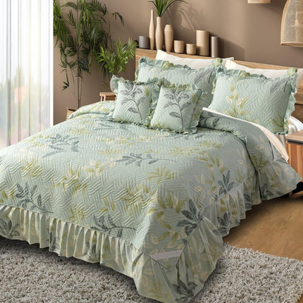 Printed Grace Frill Bedcover - Azure Leaf