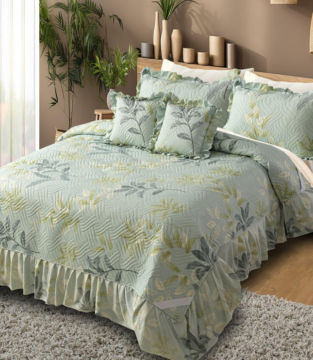 Printed Grace Frill Bedcover - Azure Leaf